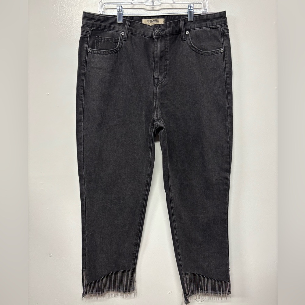NWT Rock&Roll Black Denim High Rise Straight Cropped Metal Fringe Jeans Size 34